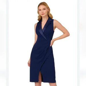 Adrianna Papell Navy Satin Wrap Front Crepe Dress Size 10 $139 Evening Cocktail